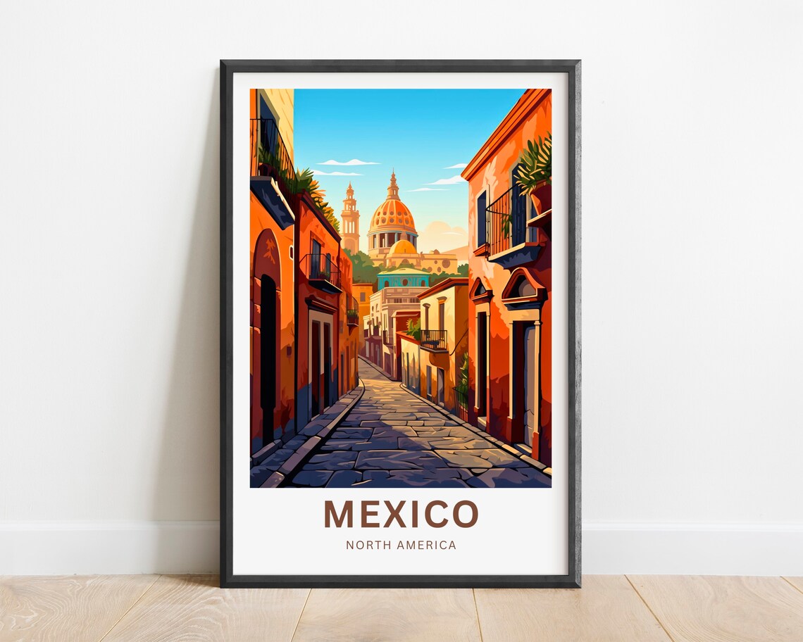 Mexico North America Golden Dome Street Sunrise Vintage Poster
