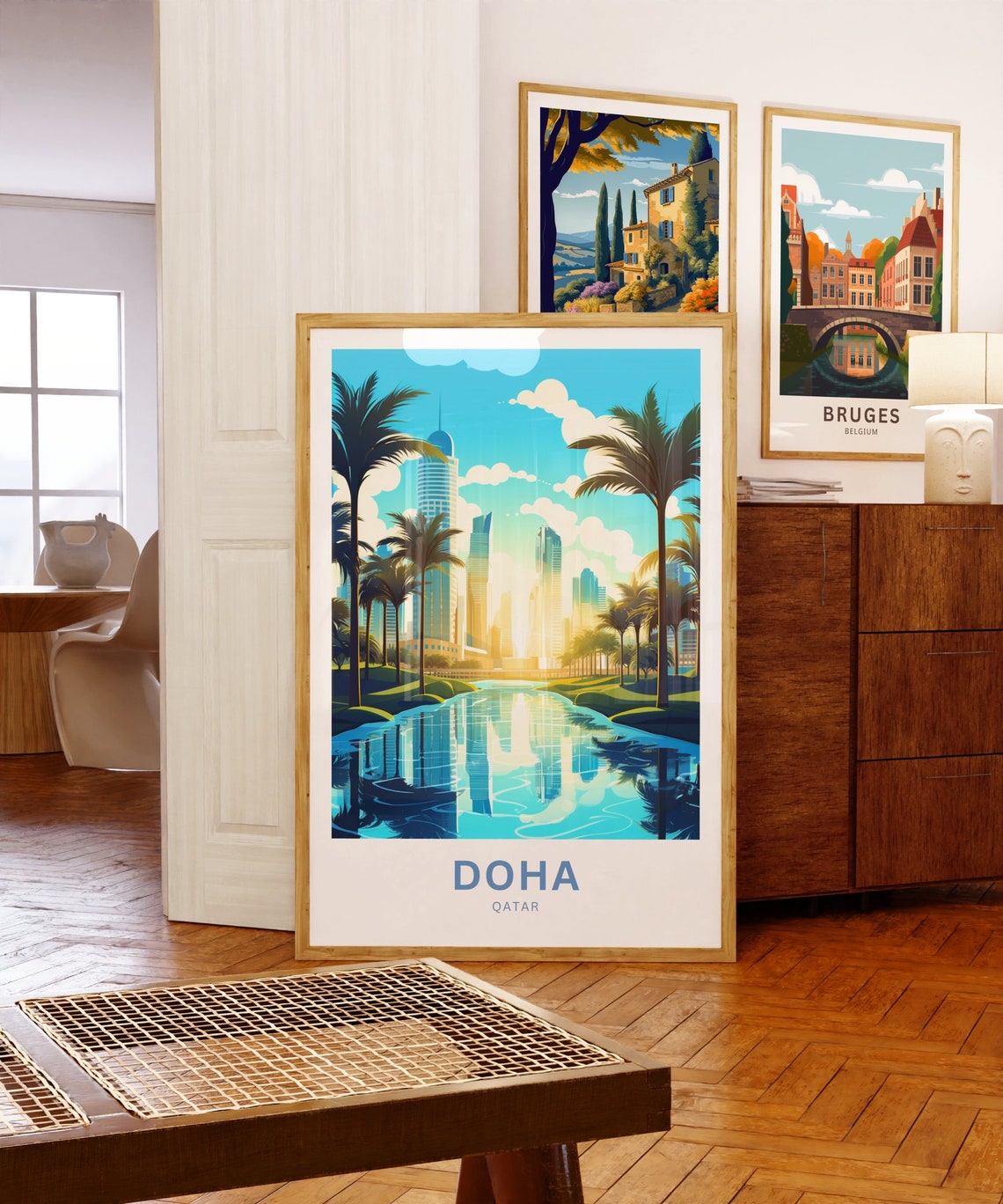 Personalized Doha Qatar Skyline Palms Reflection Travel Poster - Image 5
