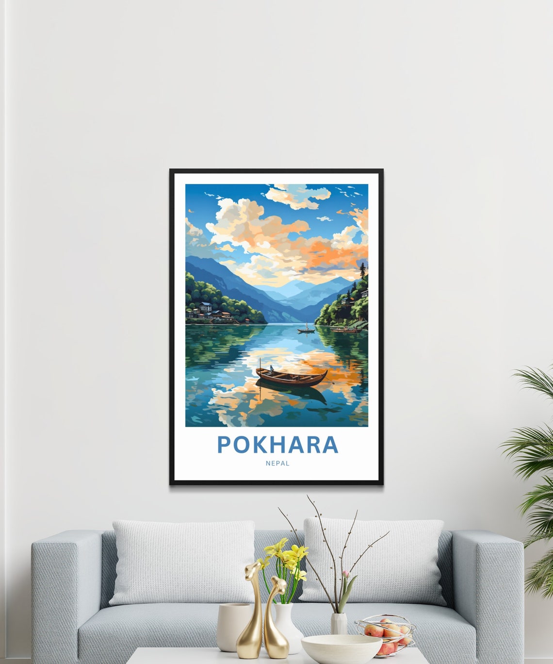 Pokhara Nepal Tranquil Lake Lone Boat Personalized Travel Poster - Image 3
