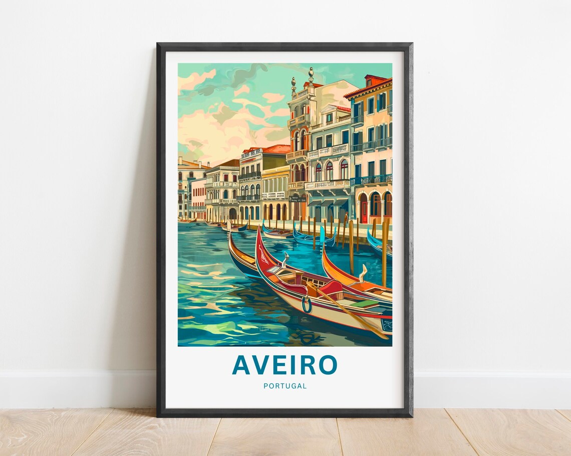Aveiro Portugal Gondola Sunset Waterfront Buildings Travel Poster
