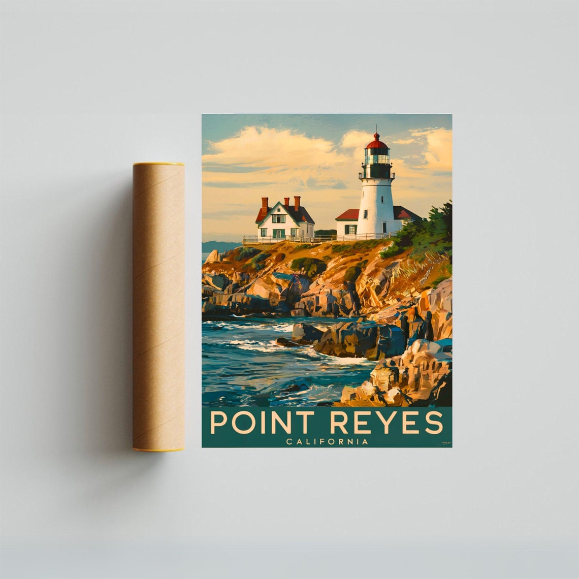 Point Reyes California Lighthouse Rocky Coast Waves Travel Poster - Image 2