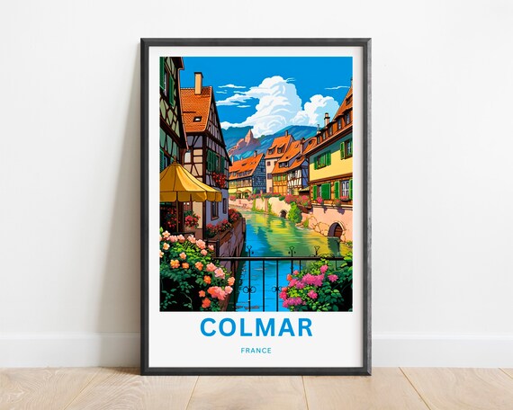 Colmar France Canal Half Timbered Houses Floral Vintage Travel Poster