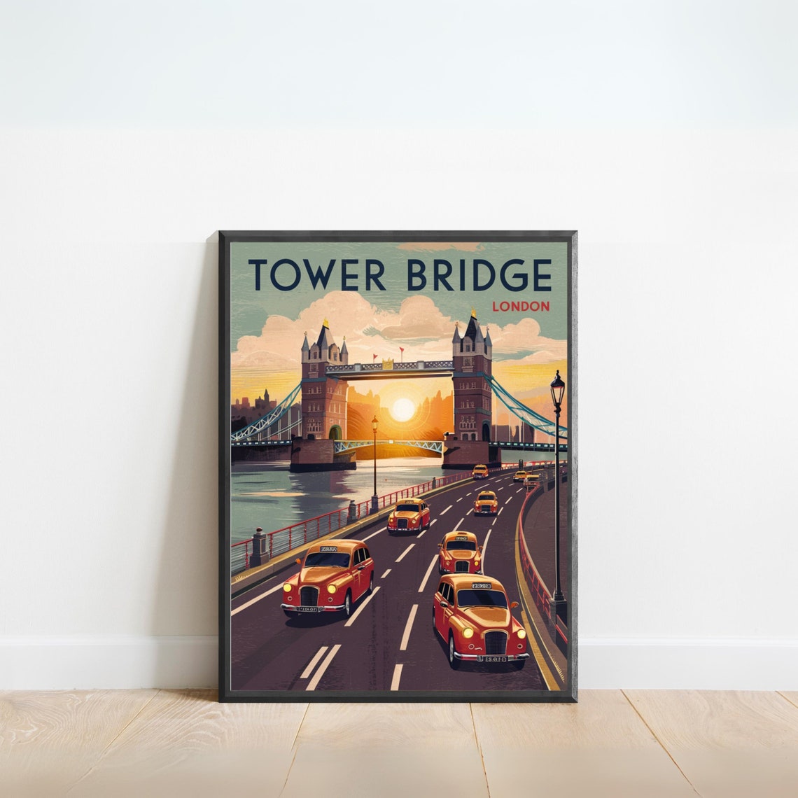 Tower Bridge London Sunset Retro Taxi River Thames Travel Poster