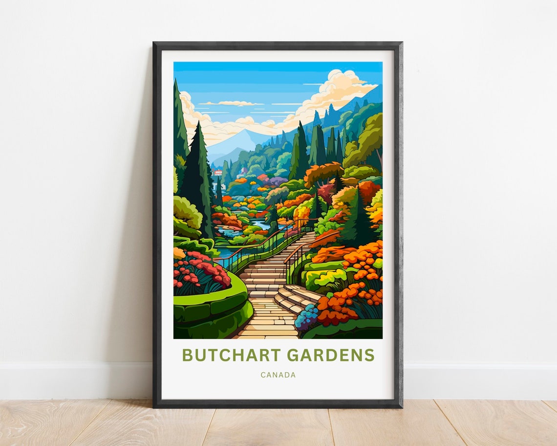 Butchart Gardens Canada Vibrant Terraced Garden Pathway Travel Poster