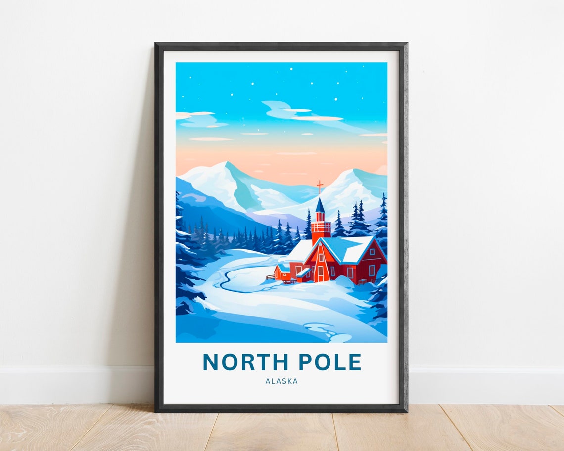 North Pole Alaska Snowy Chapel Winter Mountains Travel Poster