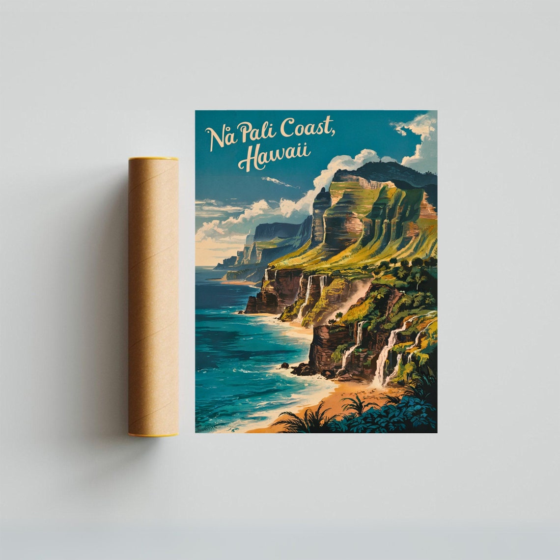 Na Pali Coast Hawaii Vintage Sea Cliffs Waterfall Dramatic Poster - Image 2