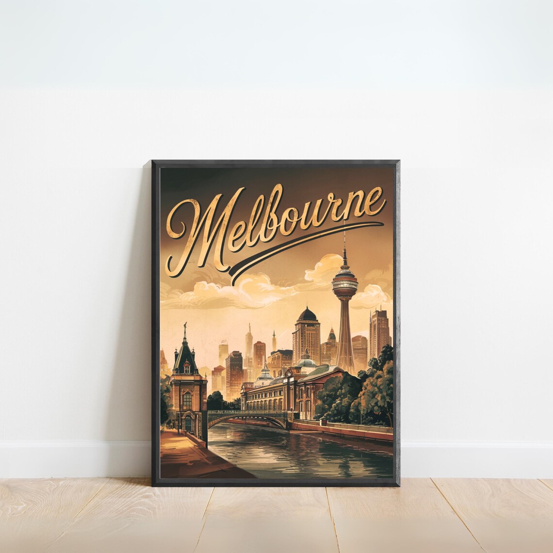 Melbourne Australia Vintage Travel Poster with Riverside City Skyline