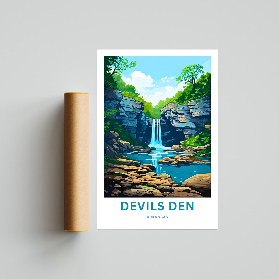 Devils Den Arkansas Gorge Waterfall Travel Illustration Poster - Image 4
