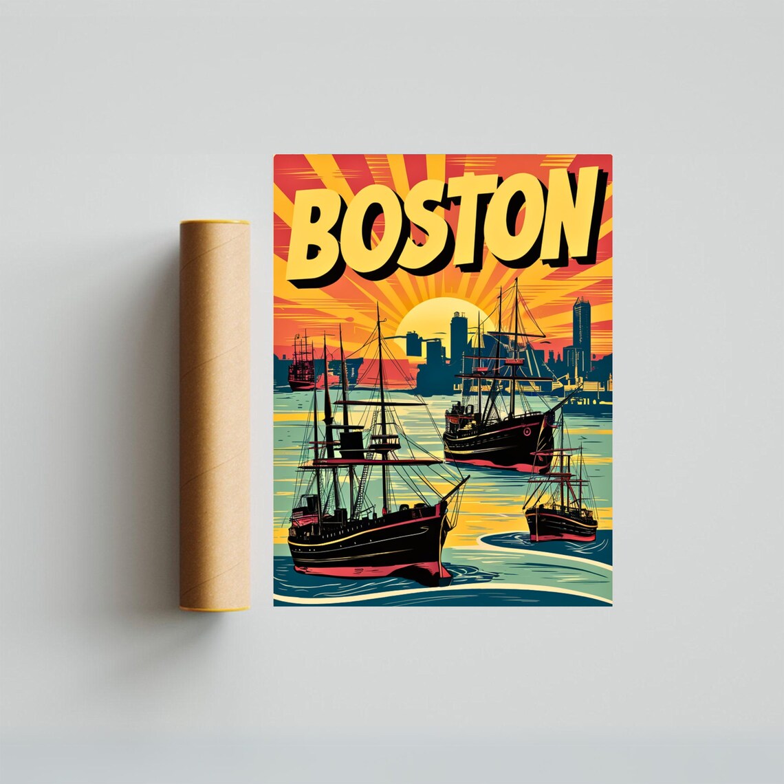 Boston Retro Sunset Tall Ships Harbor Skyline Vintage Travel Poster - Image 3