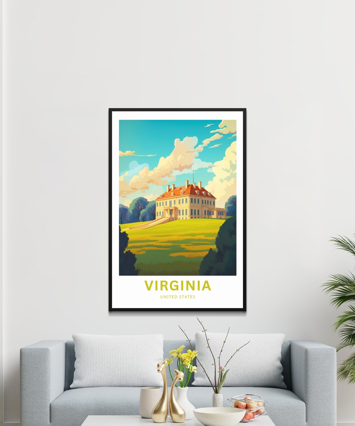 Virginia Grand Hilltop Mansion Golden Meadow Sunny Travel Poster - Image 3