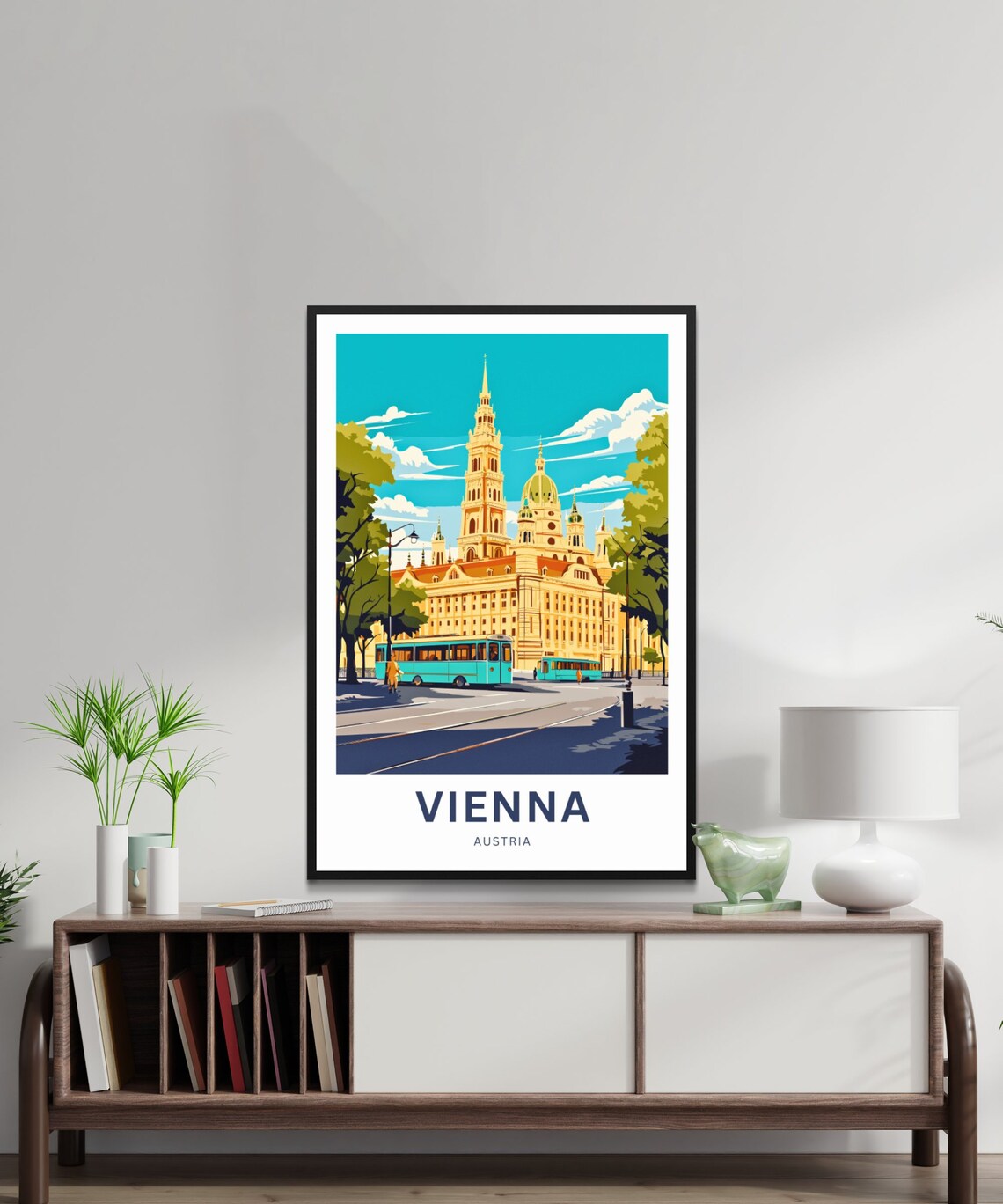 Vienna Austria City Hall Spire Teal Tram Street Scene Poster - Image 2