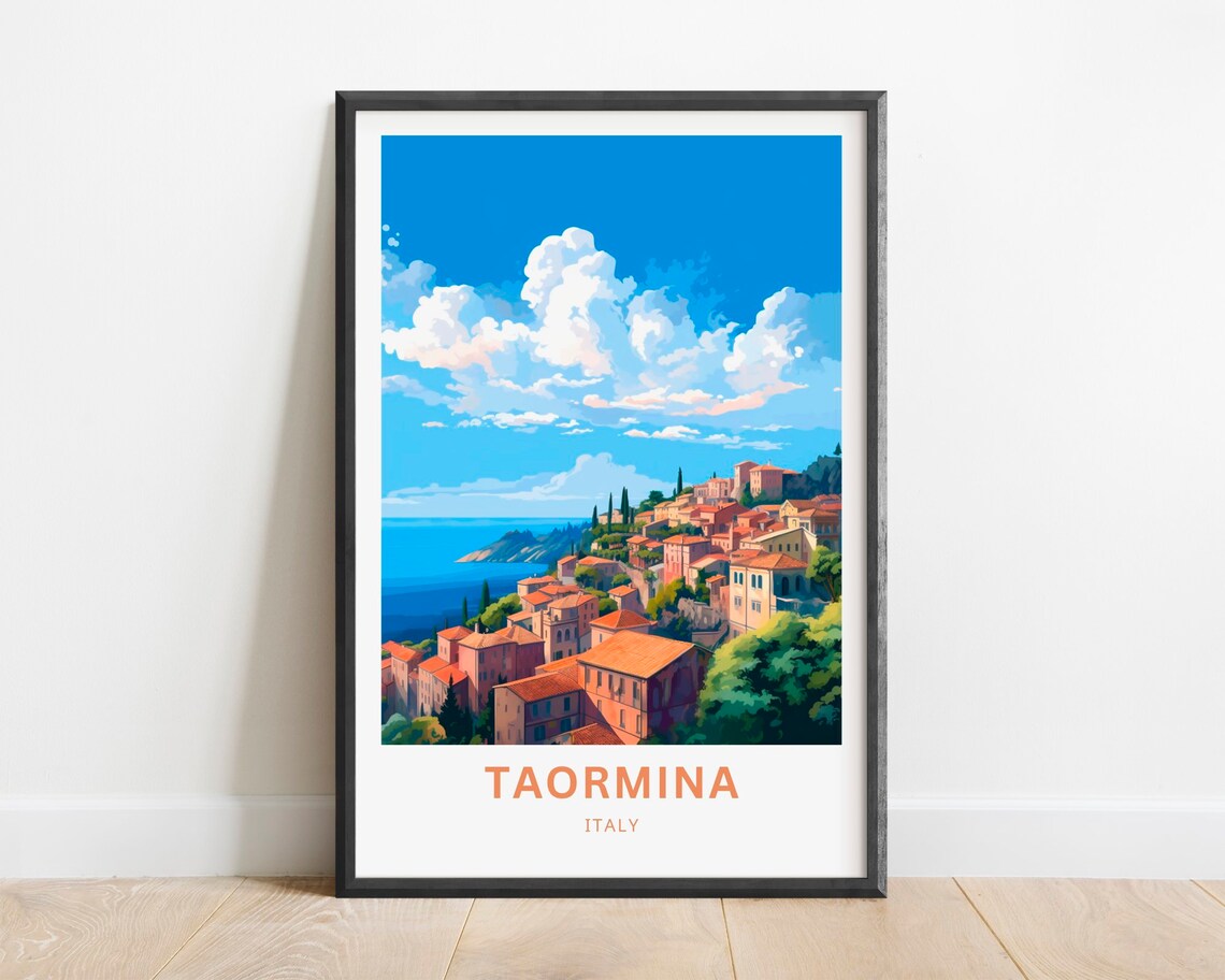 Taormina Italy Sicilian Coast Hilltop Old Town Vintage Travel Poster