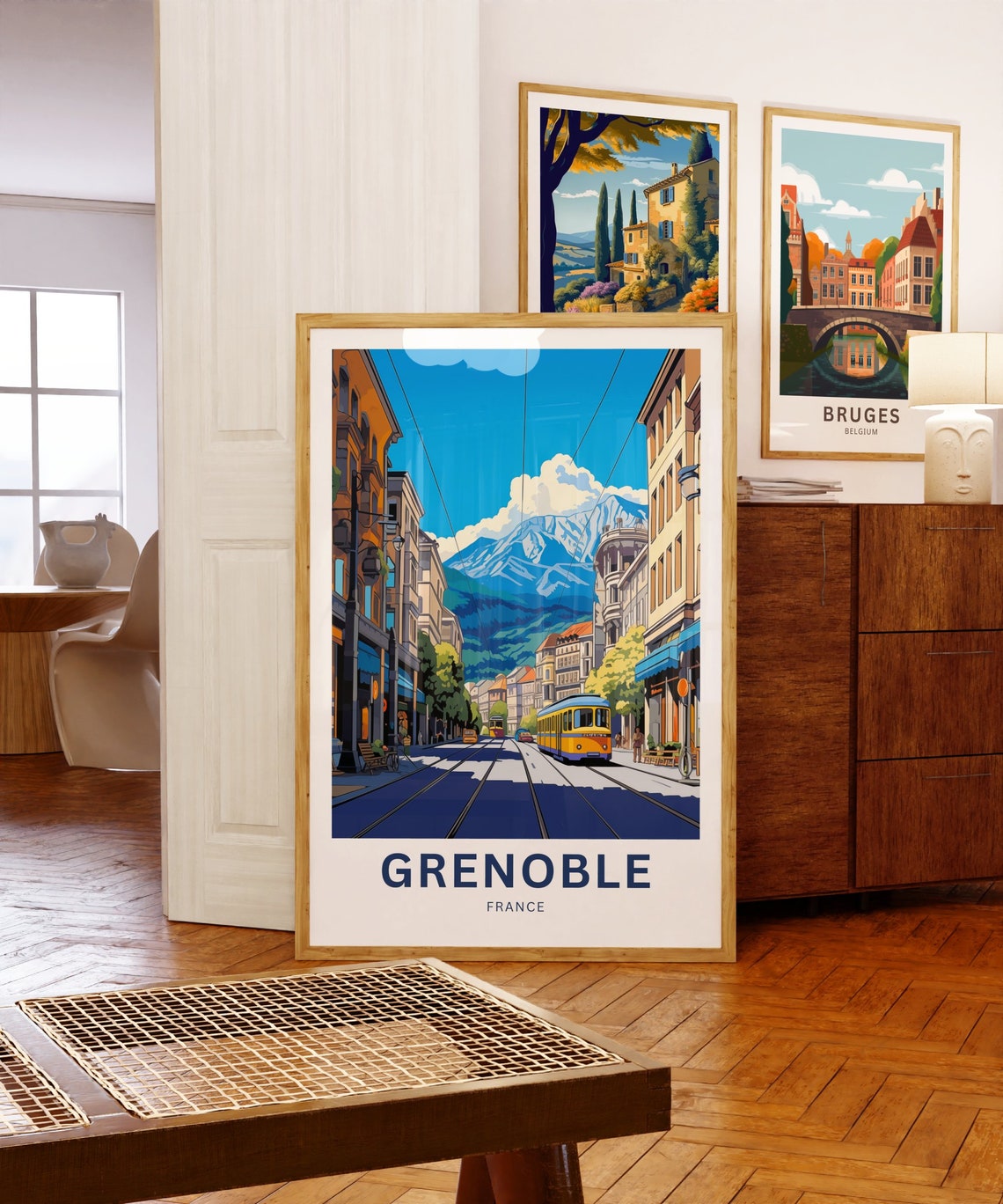 Personalized Grenoble France Tram Street and Snowy Alps Custom Poster - Image 5