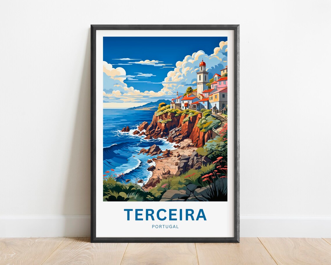 Terceira Portugal Rocky Coast Village Church Tower Travel Poster