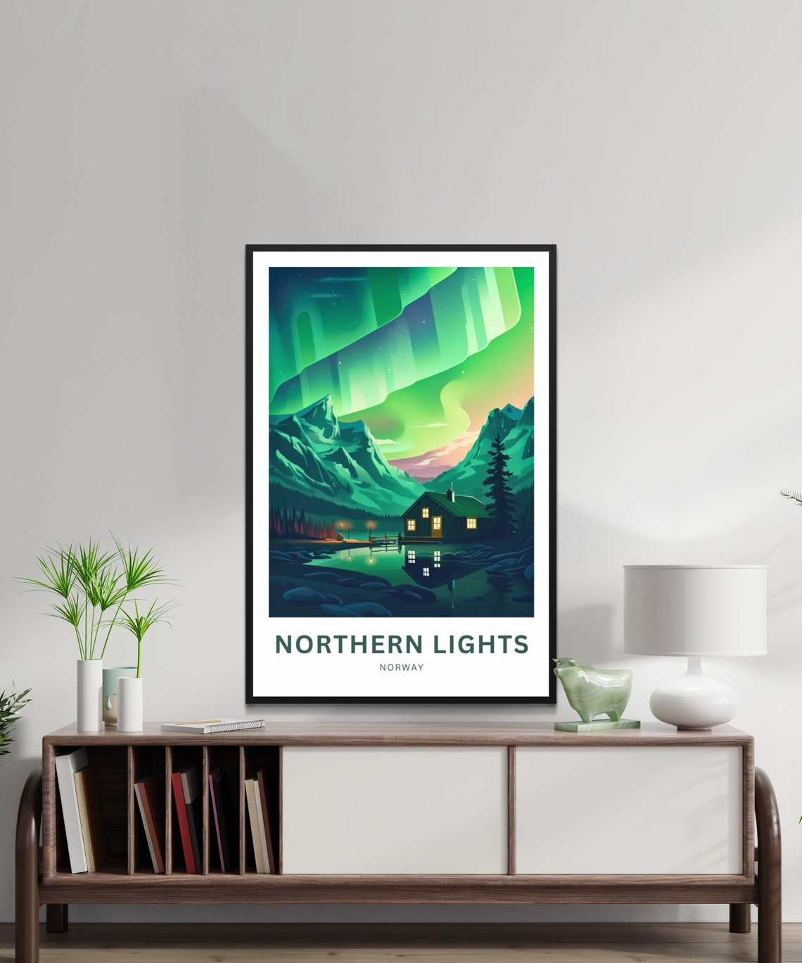 Northern Lights Norway Aurora Lake Cabin Night Sky Art Poster - Image 2