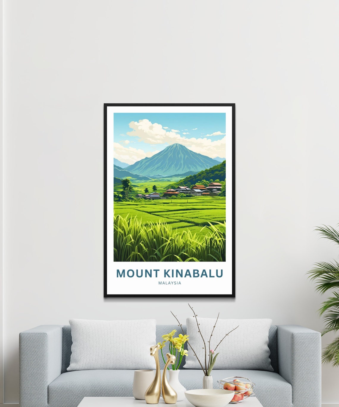 Mount Kinabalu Malaysia Green Rice Paddies Village Travel Poster - Image 3