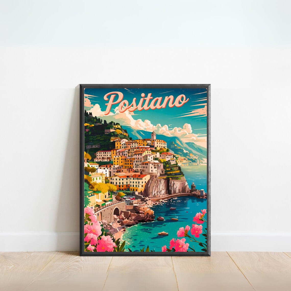 Positano Italy Amalfi Coast Harbor Town Floral Sunset Travel Poster