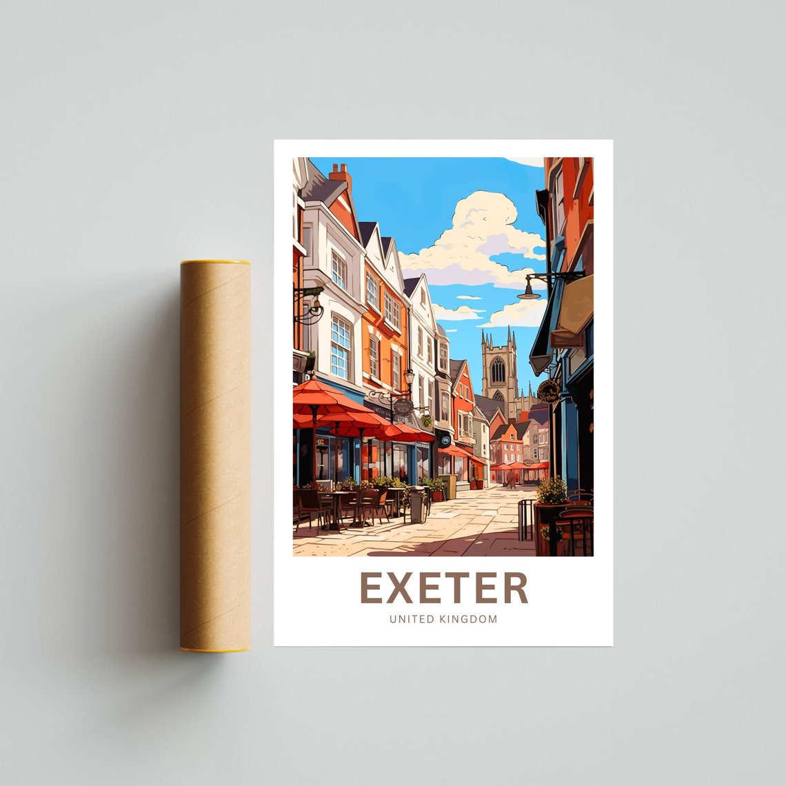 Exeter United Kingdom Cathedral Old Street Cafes Travel Poster - Image 4