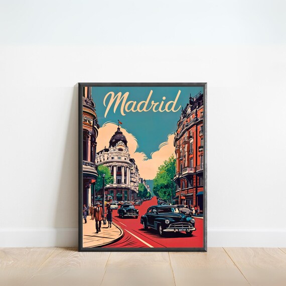 Madrid Vintage Retro Street Scene Poster Classic Cars Spanish City View