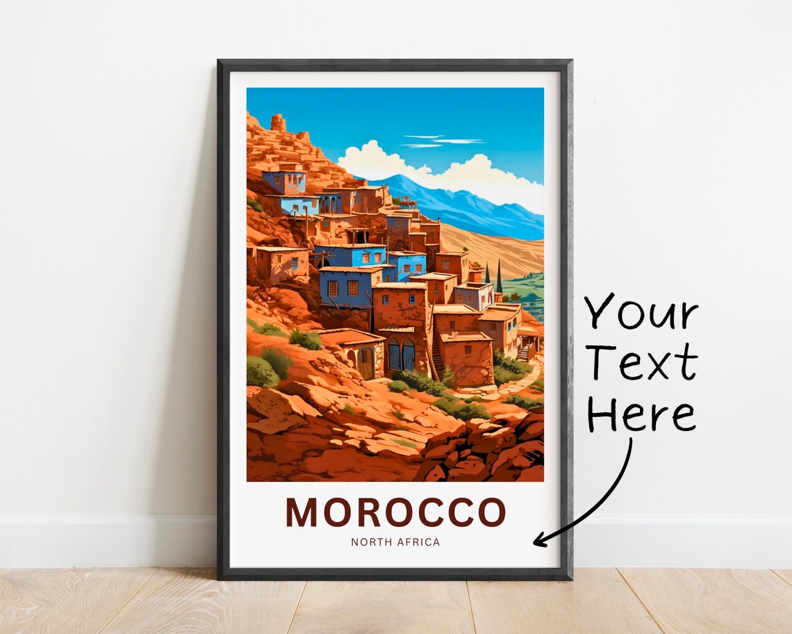 Personalized Blue Village Morocco Desert Mountain Town Travel Poster