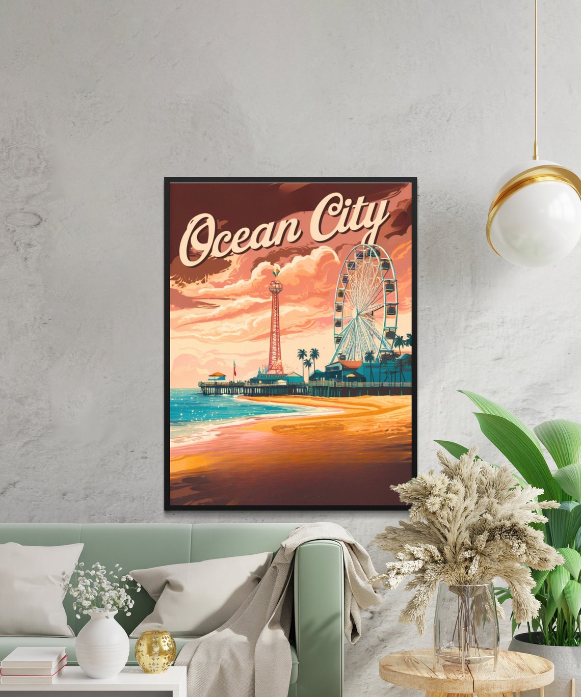 Ocean City Vintage Boardwalk Pier Ferris Wheel Sunset Travel Poster - Image 2