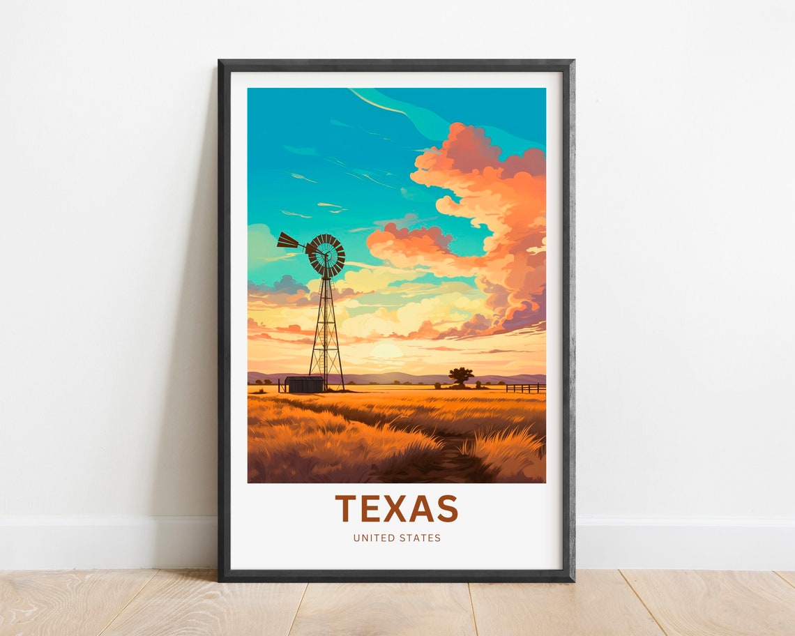 Texas Ranch Windmill At Golden Sunset Wheat Field Travel Poster