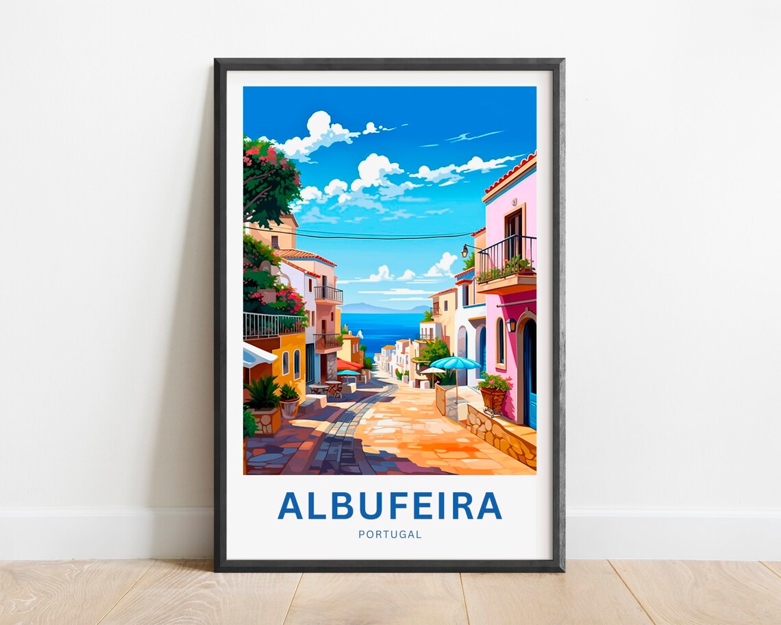 Vibrant Albufeira Portugal Sunny Cobblestone Street Travel Poster