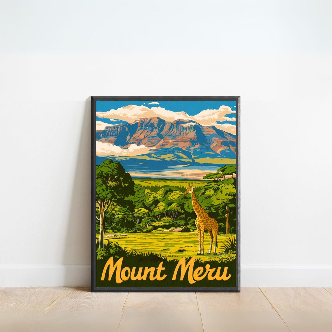 Mount Meru Tanzania Giraffe Savannah Safari Scene Travel Poster