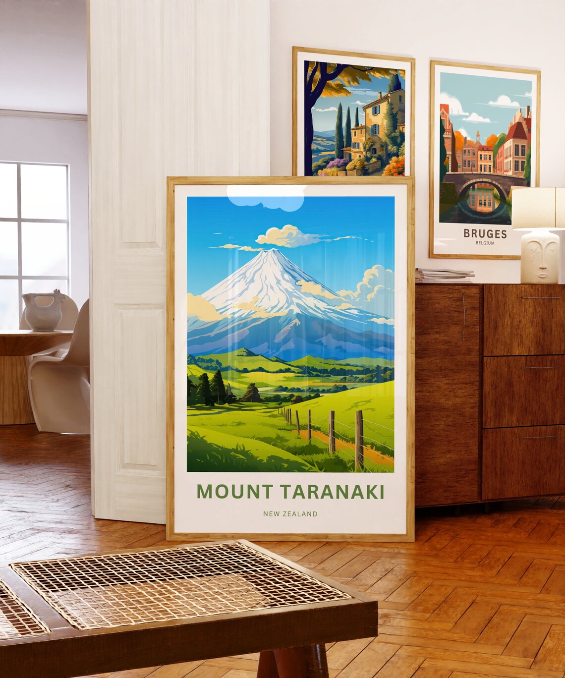 Mount Taranaki New Zealand Green Pastures Fence Snow Peak Poster - Image 3