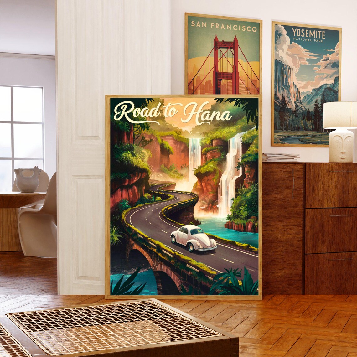 Road to Hana Hawaii Waterfall Bridge Vintage Beetle Travel Poster - Image 5