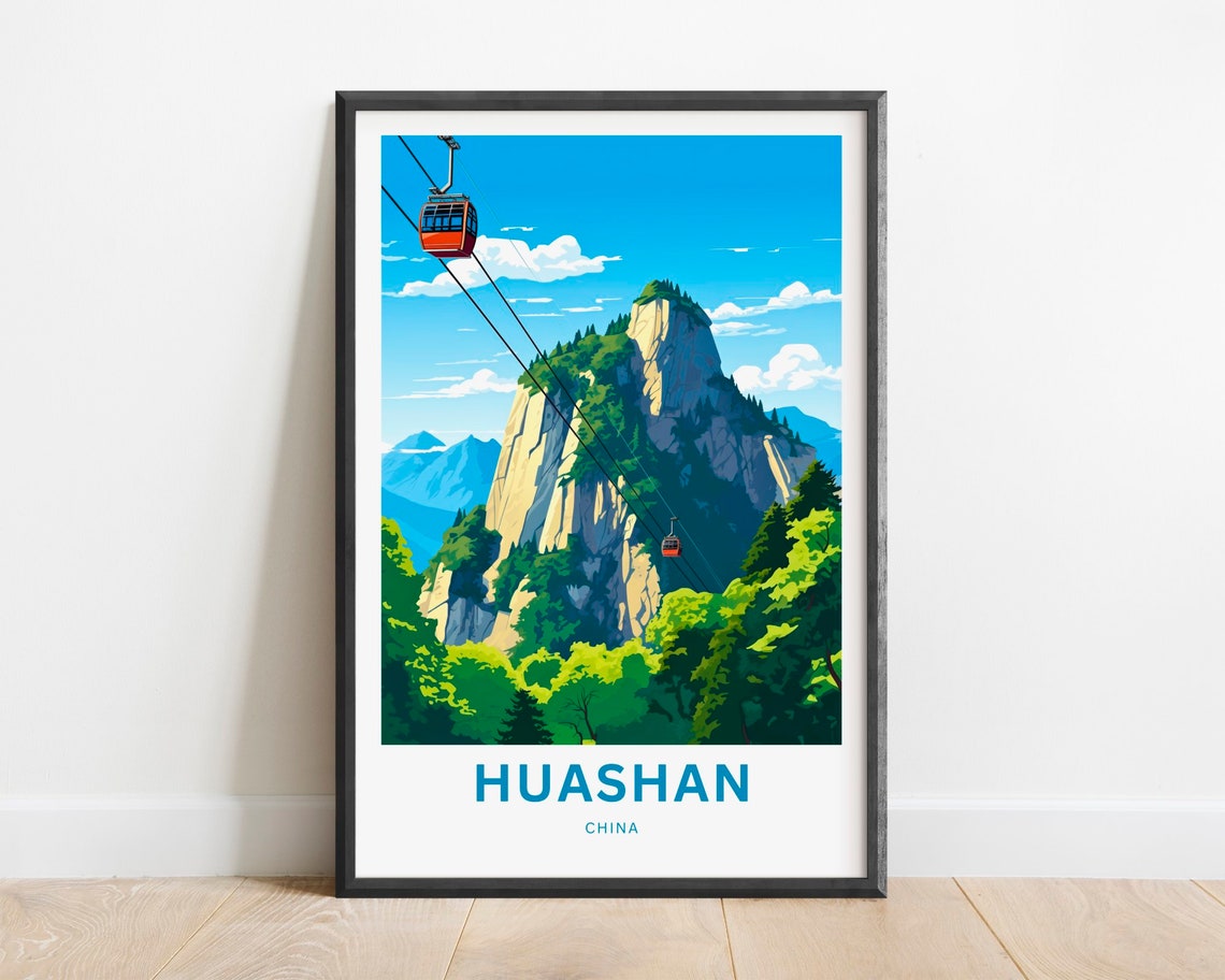 Huashan China Travel Poster Cable Cars Over Green Cliff Ride Art