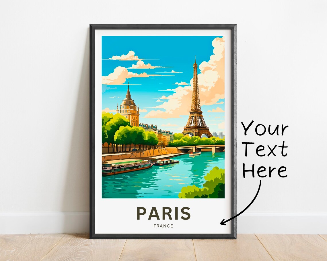 Paris France Eiffel Tower Riverbank Boats Bridge Scenic Travel Poster - Image 4