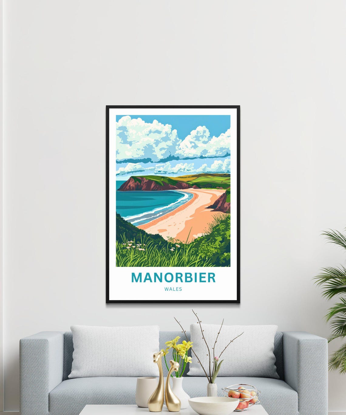 Manorbier Wales Sandy Beach Cove Cliffs Coastal Travel Poster - Image 4