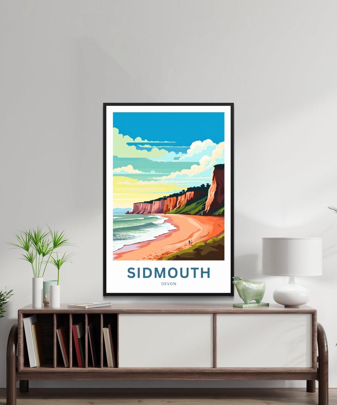 Sidmouth Devon Red Cliffs Sweeping Beach and Blue Sea Retro Poster - Image 2