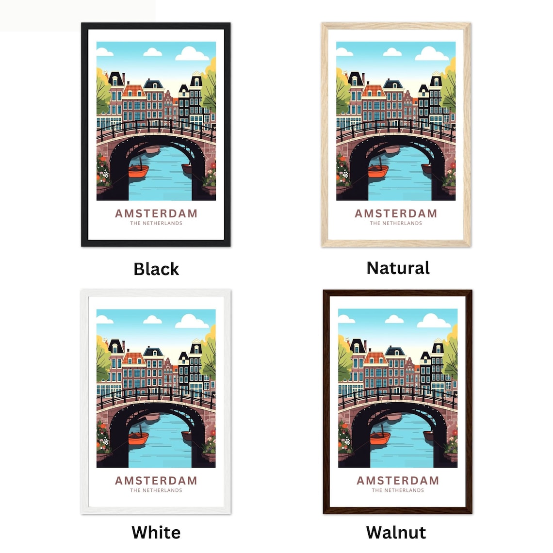 Amsterdam Canal Bridge Boats Gabled Houses Netherlands Travel Poster - Image 3