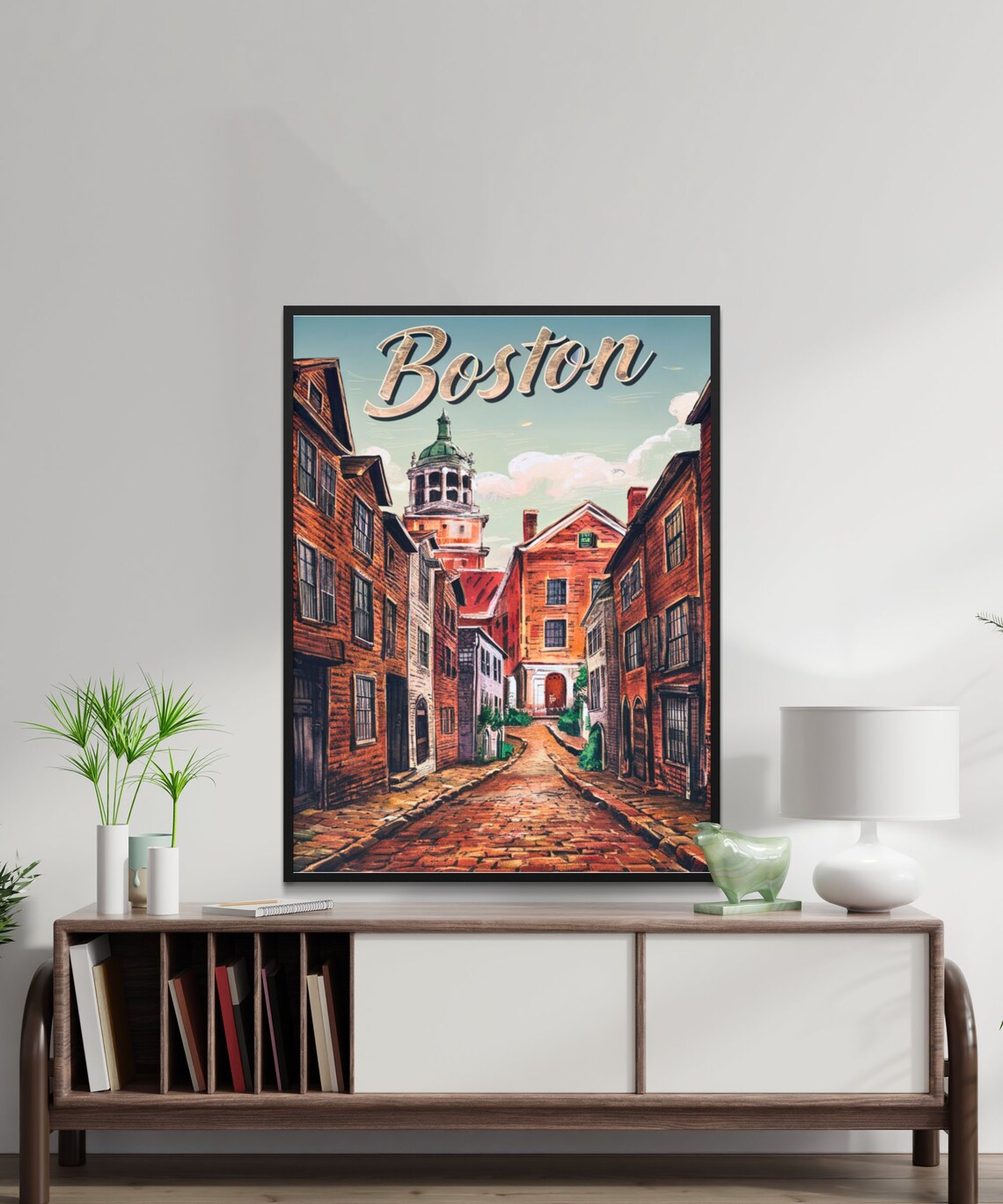 Boston Historic Old Town Cobblestone Street Vintage Travel Art Poster - Image 2