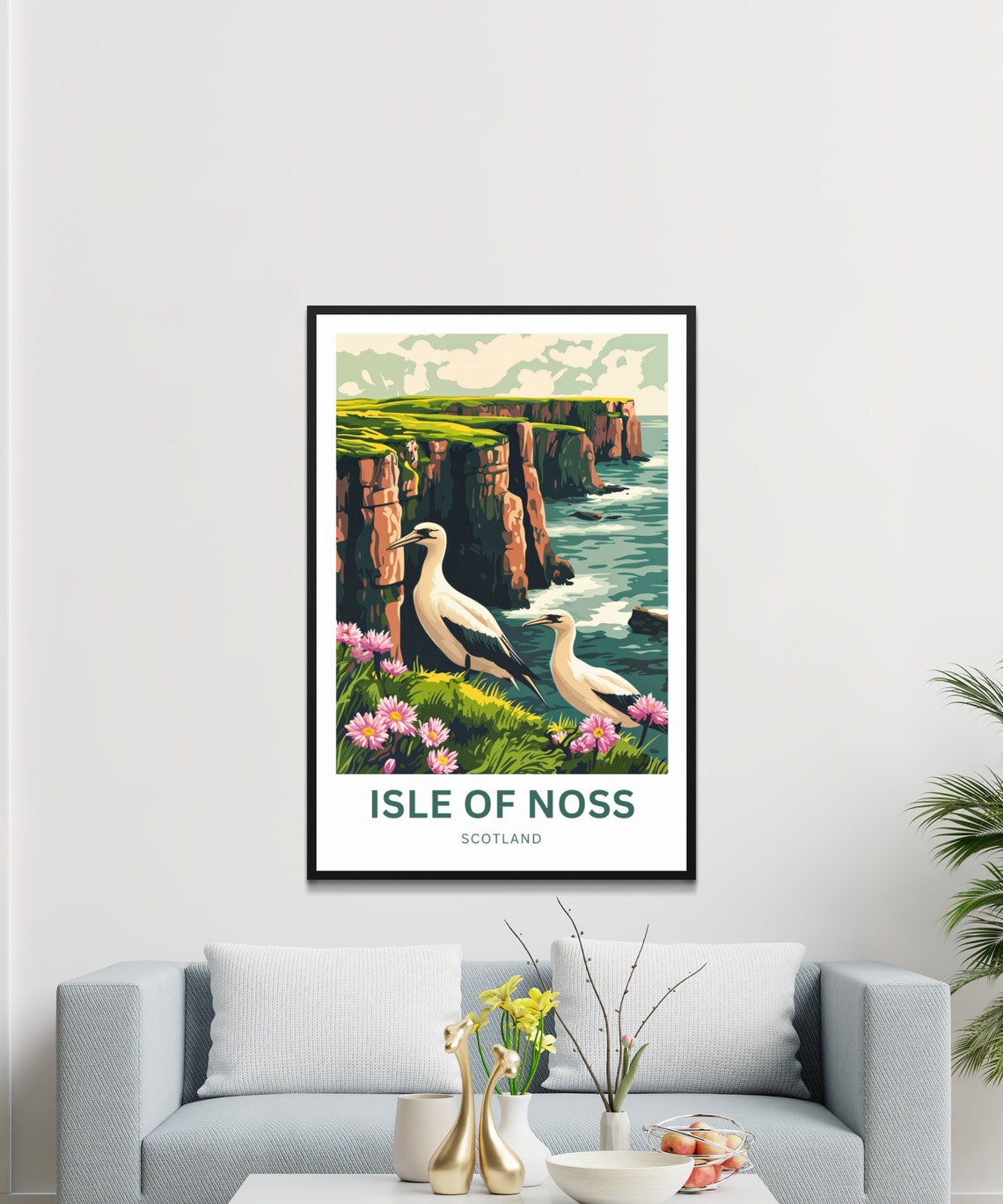 Isle of Noss Scotland Gannets by Red Cliffs with Wildflowers Poster - Image 4