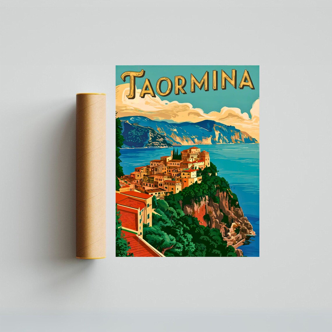 Taormina Sicily Coastal Cliffs Old Town Sea View Vintage Travel Poster - Image 4