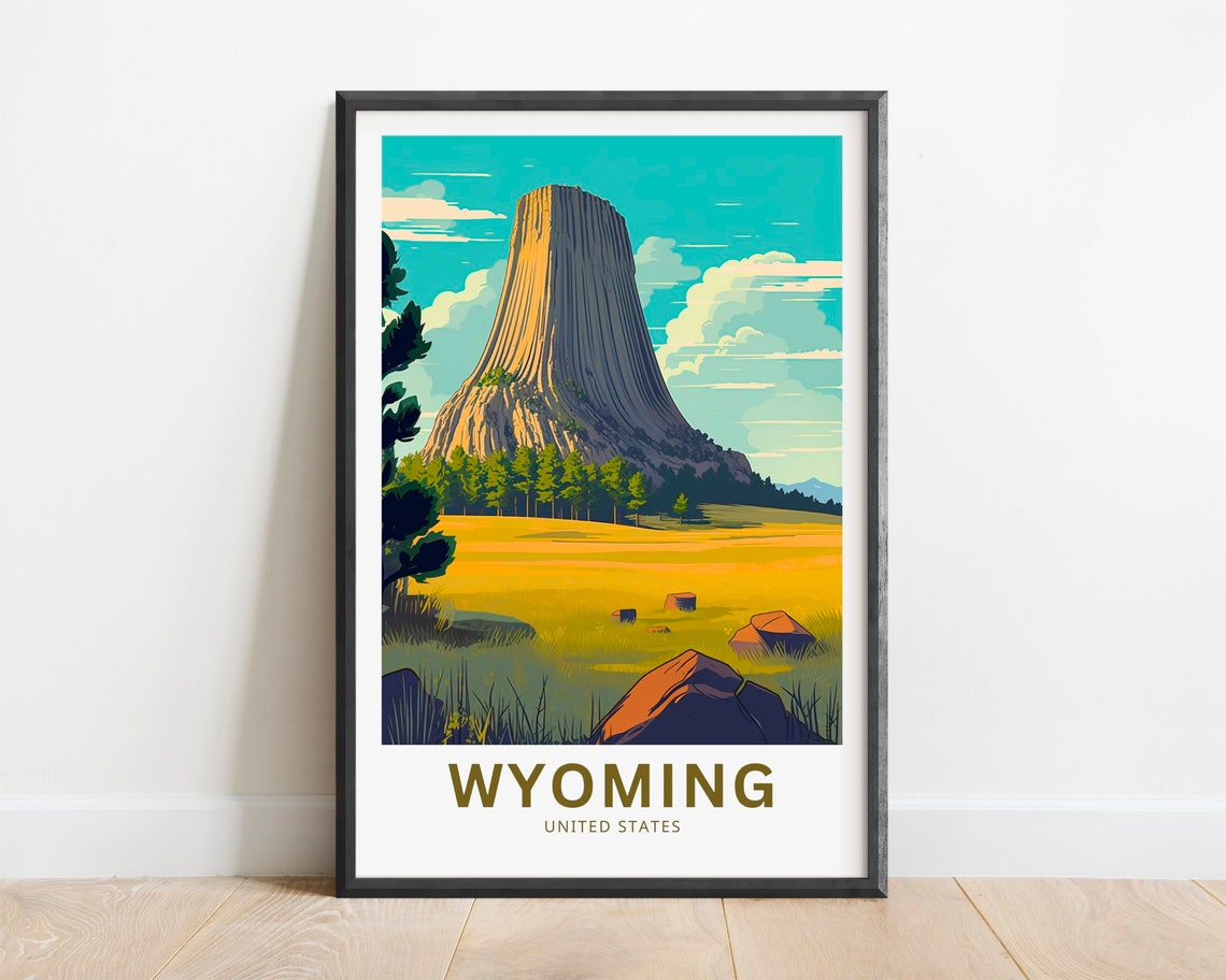 Wyoming Devils Tower Golden Sunset Illustrated Travel Poster