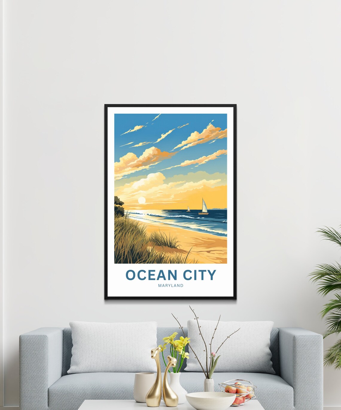 Ocean City Maryland Golden Sunset Beach Sailboats Travel Poster - Image 2