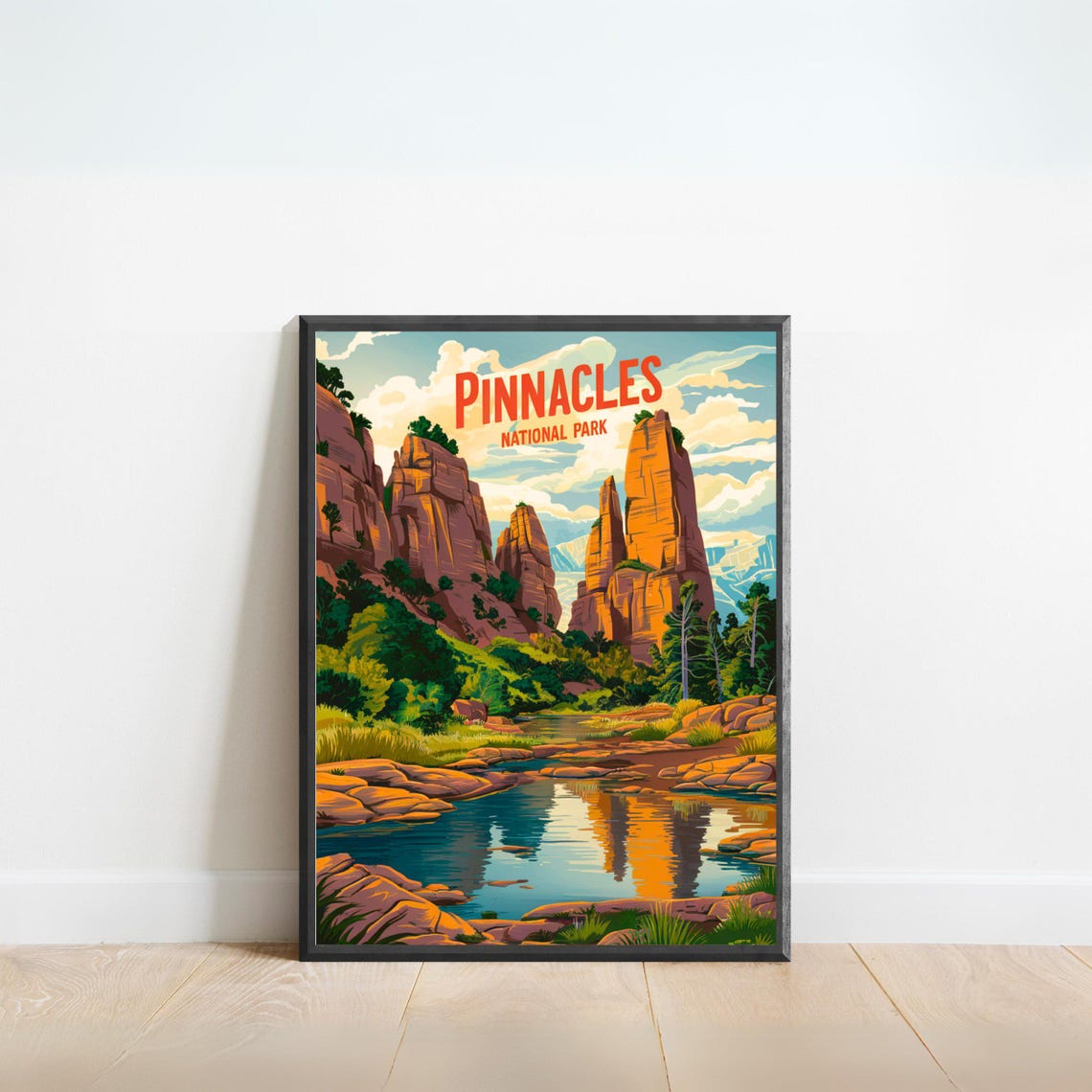 Pinnacles National Park Red Rock Spires Pool Reflection Travel Poster