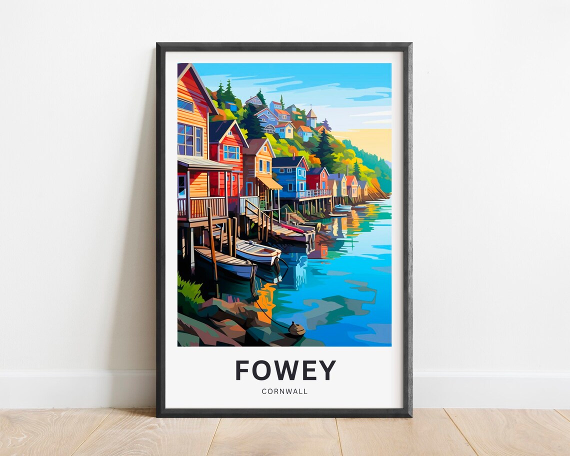 Fowey Cornwall Harbour Village Boats Scenic Retro Travel Poster