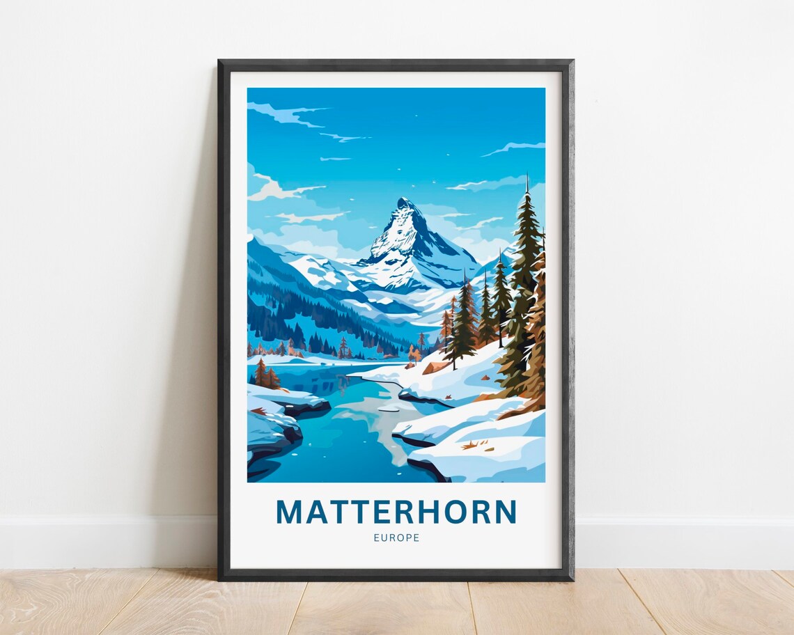 Matterhorn Europe Snowcapped Alpine Peak Winter Lake Travel Poster