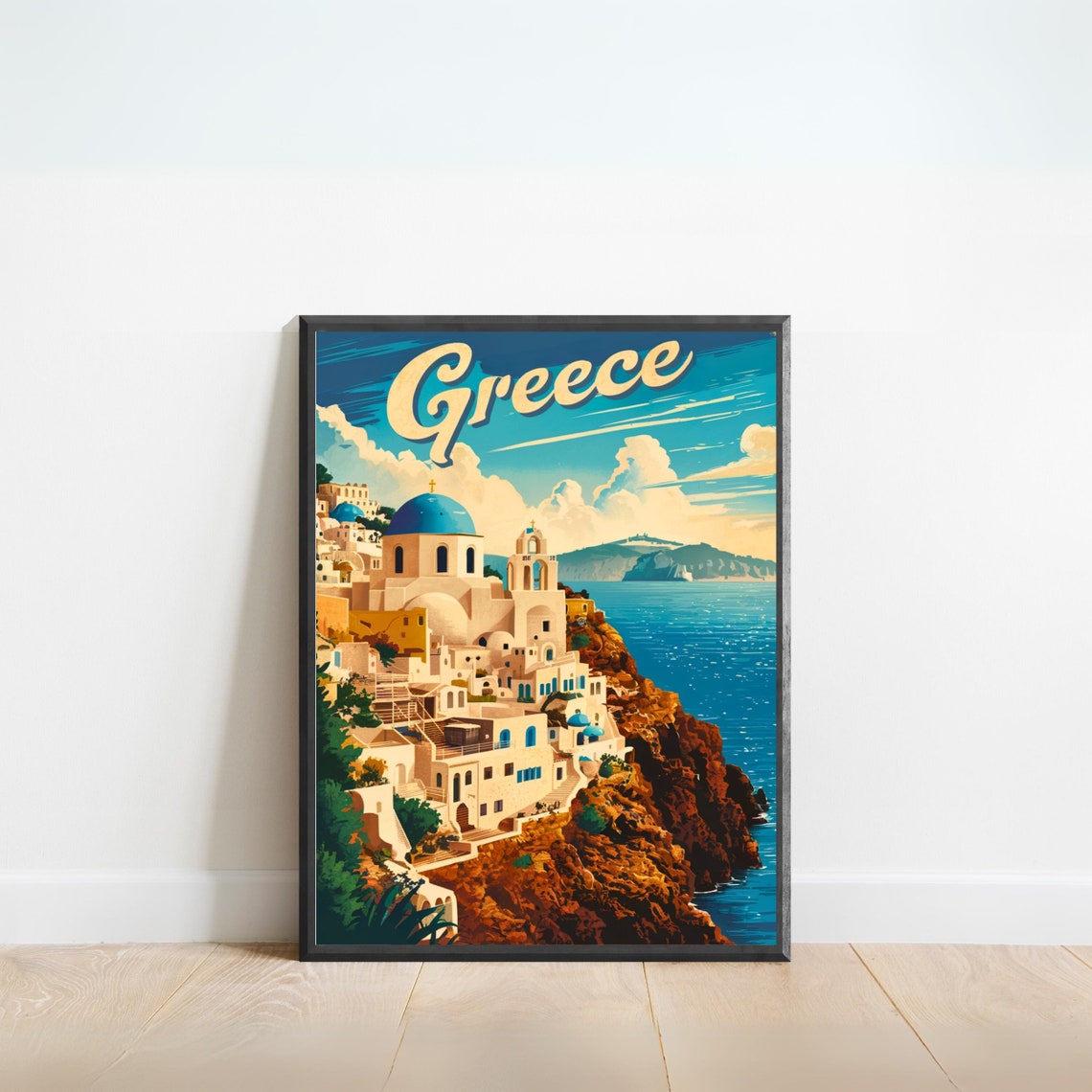 Greece Santorini Caldera Blue Domes Sunset Vintage Travel Poster