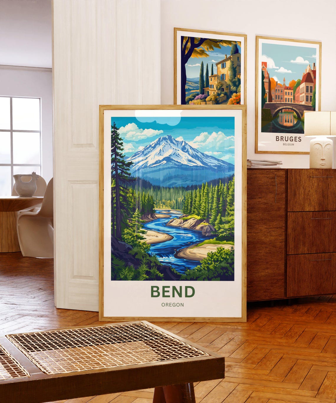 Bend Oregon Snow Capped Peak River Through Forest Travel Poster - Image 5