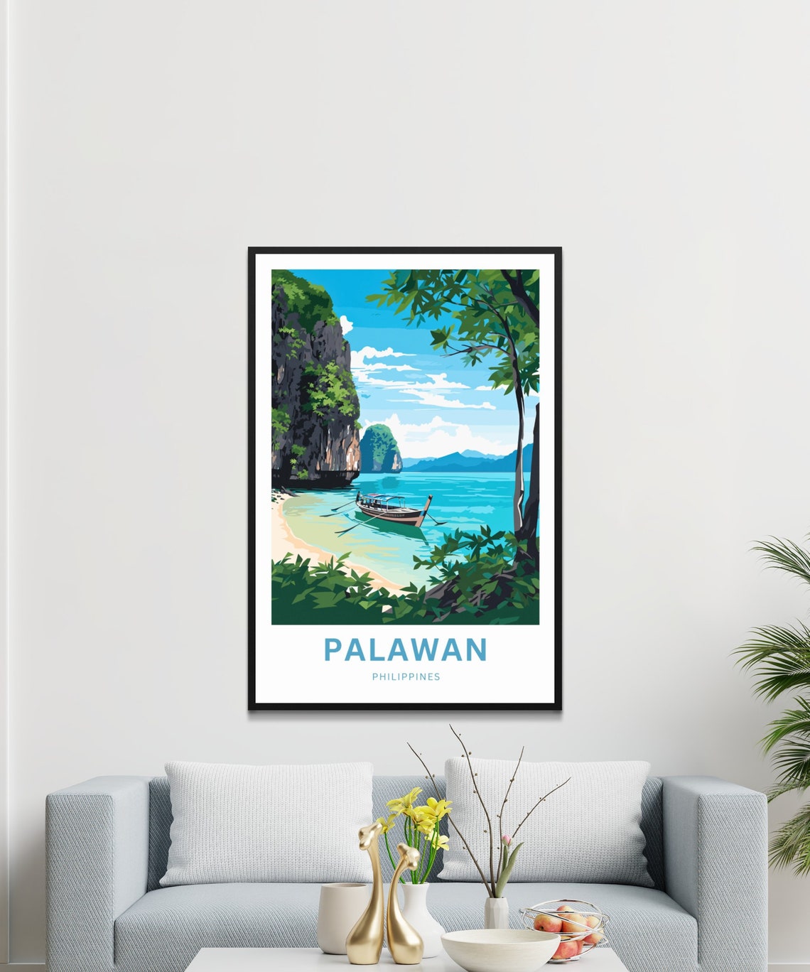 Personalized Palawan Philippines Travel Poster Longtail Beach Boat Art - Image 3