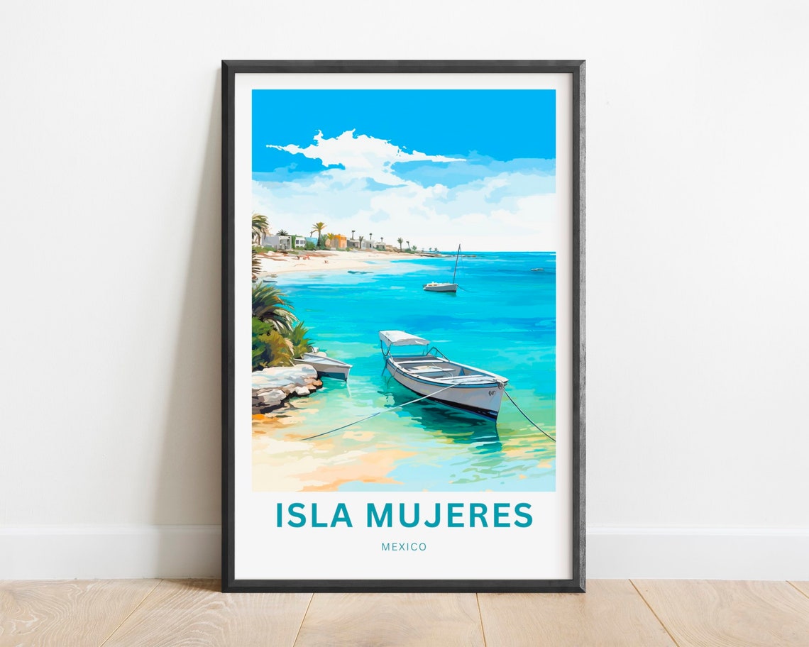 Isla Mujeres Mexico Moored Boat Turquoise Lagoon Beach Poster