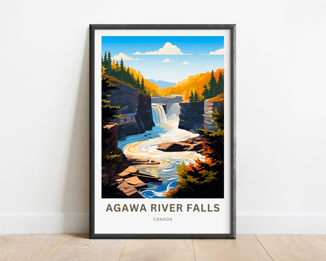 Agawa River Falls Canada Autumn Waterfall Canyon Travel Poster