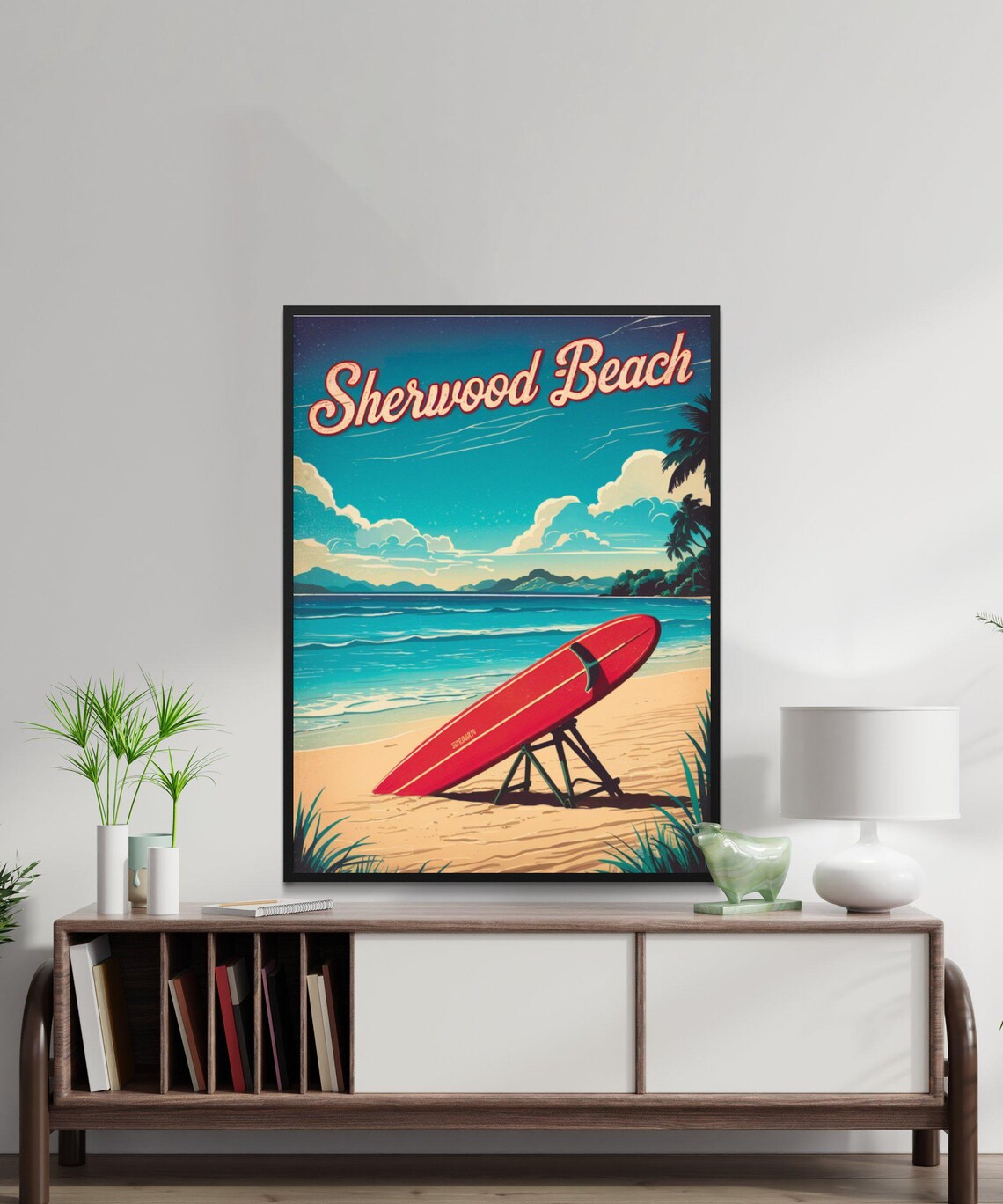 Sherwood Beach Surfboard Retro Vintage Coastal Scene Travel Poster - Image 3