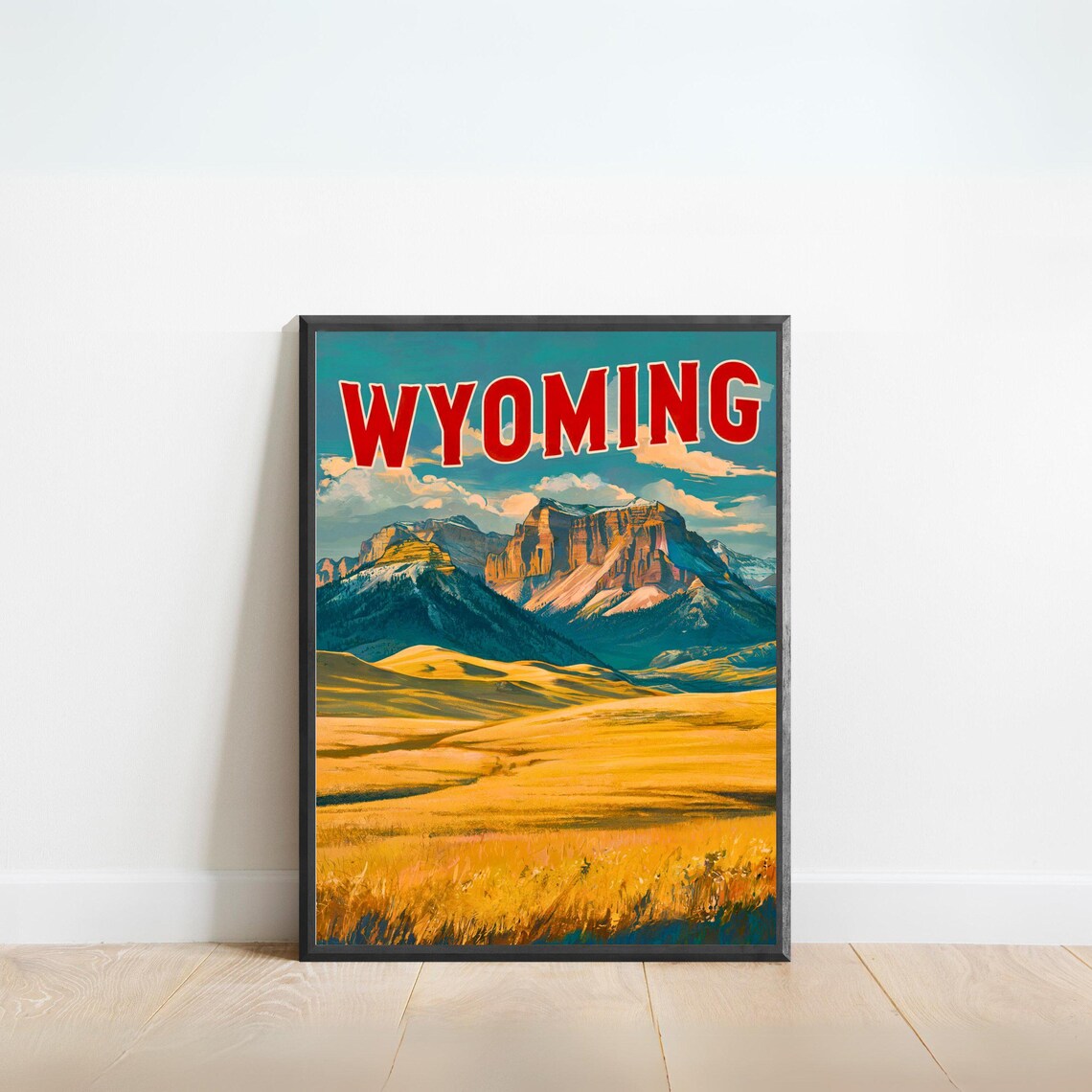 Wyoming Vintage Travel Poster Golden Plains Mesa Peaks Scene